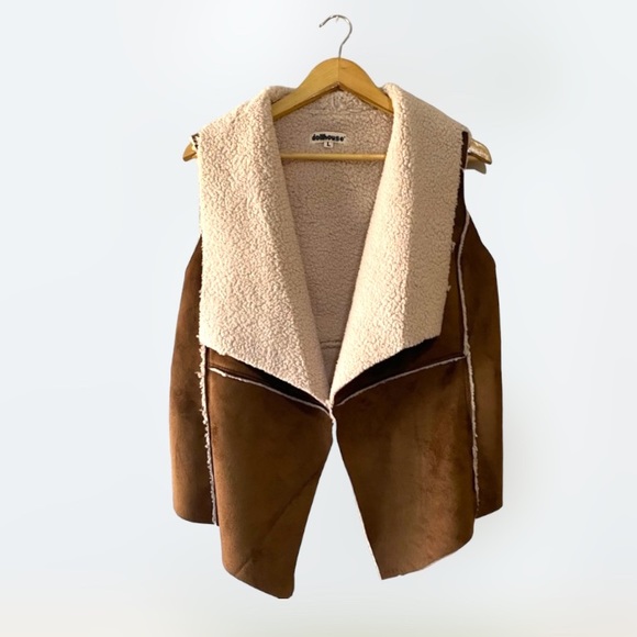Dollhouse sz L Brown and Cream Faux Suede Faux Shearling Patchwork Vest - Picture 1 of 6